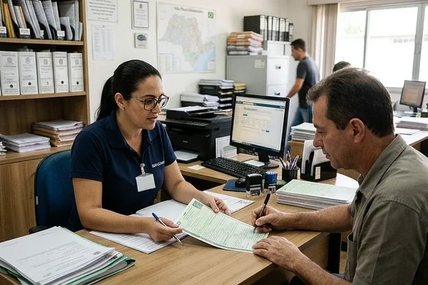 Despachante orientando cliente sobre transferência de veículo.